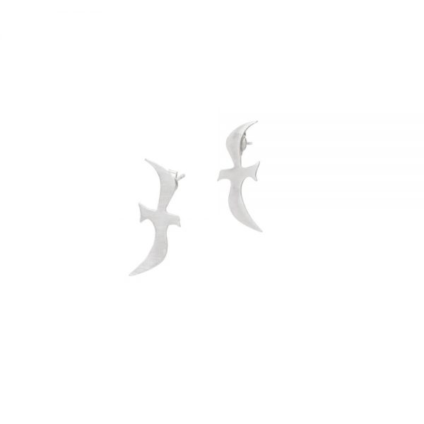 Sterling silver earrings set in shape of little swallow birds, each flying in different direction