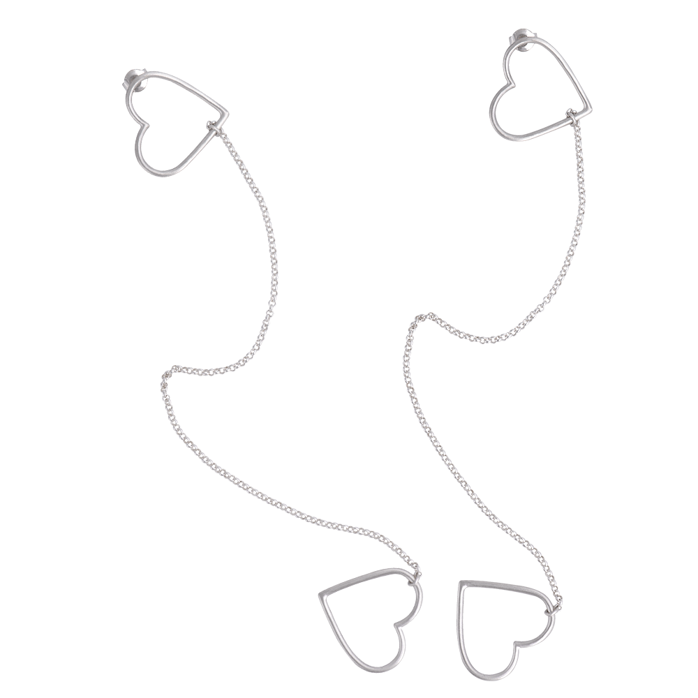 Symmetrical silver heart earrings, hanging design, handmade