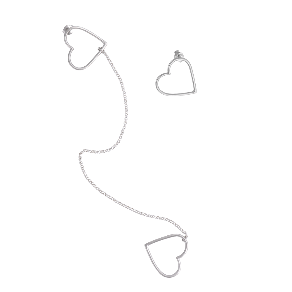 Handmade silver hearts earrings, asymmetrical pair
